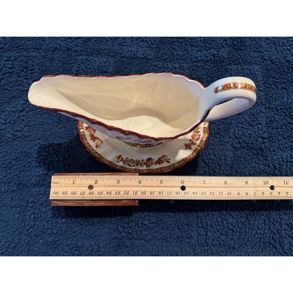 Spode Indian Tree Rust Gravy Boat Attached Underplate Red Transferware - Picture 4 of 4